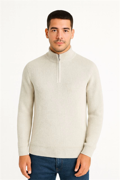 Erkek Yarım Fermuarlı Triko Kazak – Selanik Örgü, Dik Yaka, Pamuklu Dokuma, Regular Fit Uzun Kollu Kışlık Model - Bej