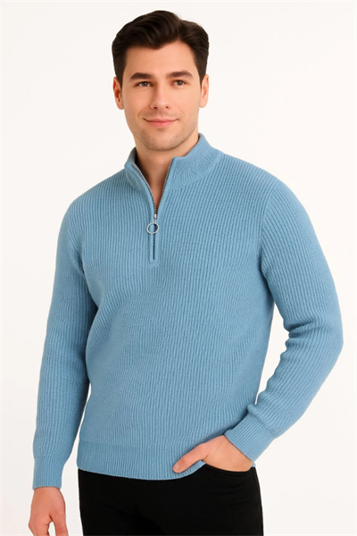 Erkek Yarım Fermuarlı Triko Kazak – Selanik Örgü, Dik Yaka, Pamuklu Dokuma, Regular Fit Uzun Kollu Kışlık Model - Bebe Mavisi