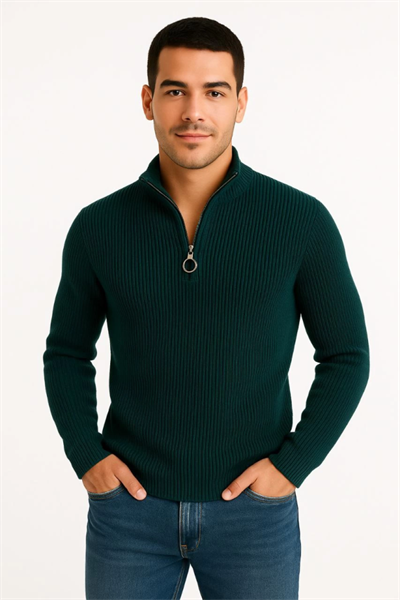 Erkek Yarım Fermuarlı Triko Kazak – Selanik Örgü, Dik Yaka, Pamuklu Dokuma, Regular Fit Uzun Kollu Kışlık Model - Haki