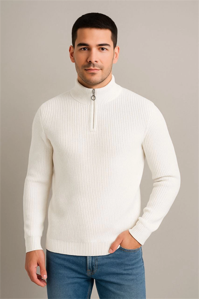 Erkek Yarım Fermuarlı Triko Kazak – Selanik Örgü, Dik Yaka, Pamuklu Dokuma, Regular Fit Uzun Kollu Kışlık Model - Beyaz