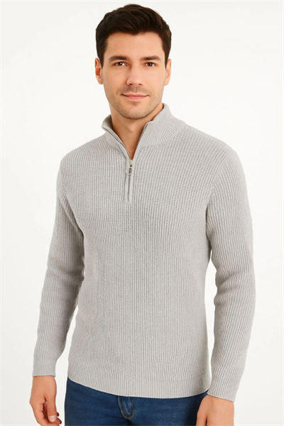 Erkek Yarım Fermuarlı Triko Kazak – Selanik Örgü, Dik Yaka, Pamuklu Dokuma, Regular Fit Uzun Kollu Kışlık Model - Gri