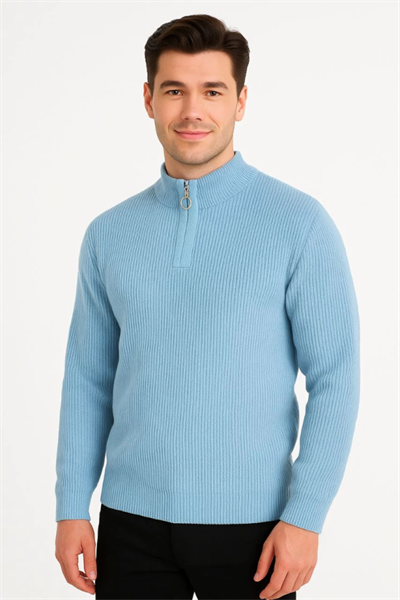 Erkek Yarım Fermuarlı Triko Kazak – Selanik Örgü, Dik Yaka, Pamuklu Dokuma, Regular Fit Uzun Kollu Kışlık Model - Bebe Mavisi