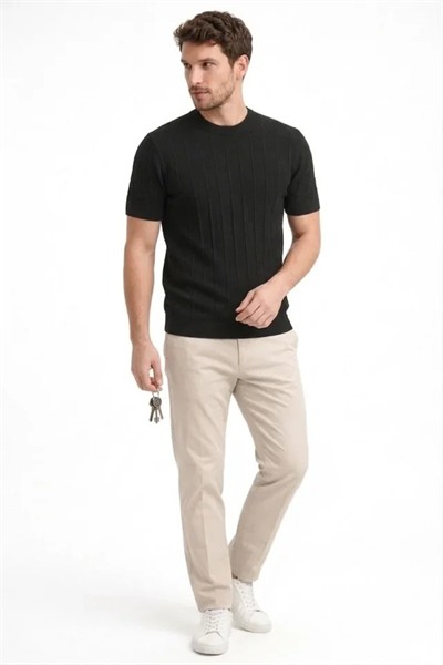 Erkek Yazlık Fitilli Triko Tişört Kısa Kol Bisiklet Yaka T-Shirt - Siyah