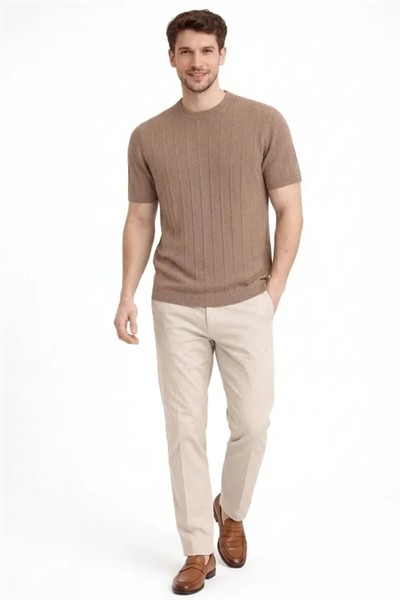Erkek Yazlık Fitilli Triko Tişört Kısa Kol Bisiklet Yaka T-Shirt - Kahverengi
