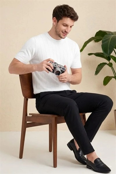 Erkek Yazlık Fitilli Triko Tişört Kısa Kol Bisiklet Yaka T-Shirt - Beyaz