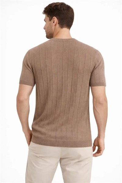 Erkek Yazlık Fitilli Triko Tişört Kısa Kol Bisiklet Yaka T-Shirt - Kahverengi