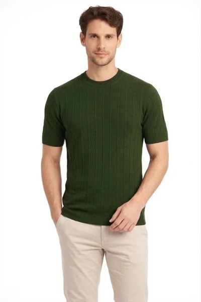 Erkek Yazlık Fitilli Triko Tişört Kısa Kol Bisiklet Yaka T-Shirt - Haki