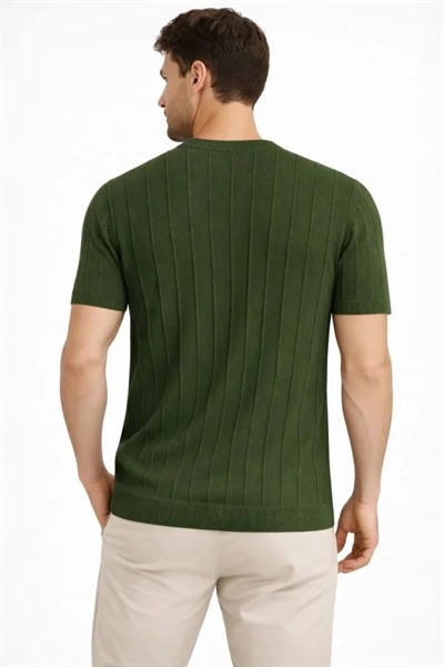 Erkek Yazlık Fitilli Triko Tişört Kısa Kol Bisiklet Yaka T-Shirt - Haki