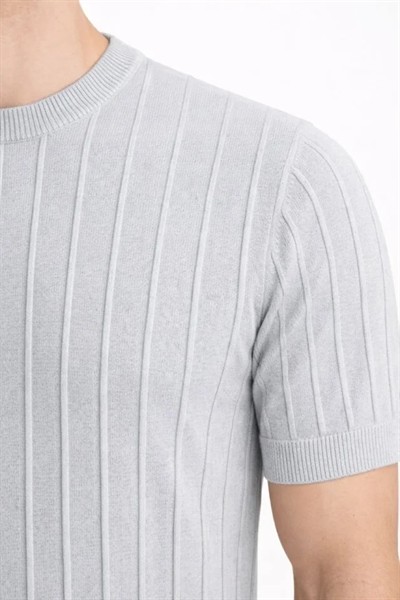 Erkek Yazlık Fitilli Triko Tişört Kısa Kol Bisiklet Yaka T-Shirt - Gri