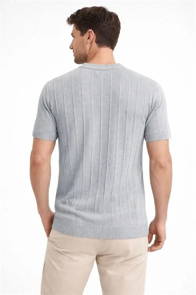 Erkek Yazlık Fitilli Triko Tişört Kısa Kol Bisiklet Yaka T-Shirt - Gri