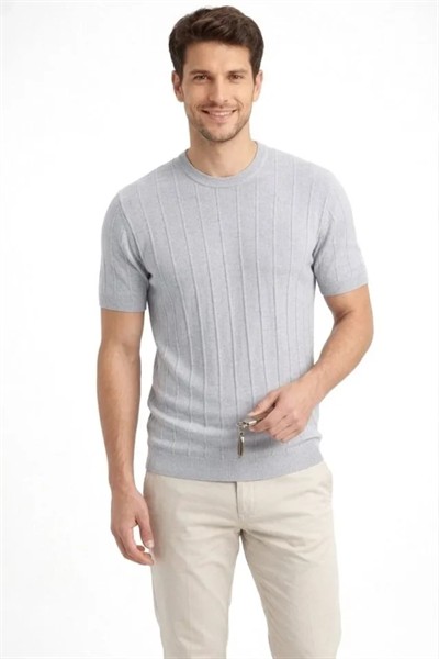 Erkek Yazlık Fitilli Triko Tişört Kısa Kol Bisiklet Yaka T-Shirt - Gri