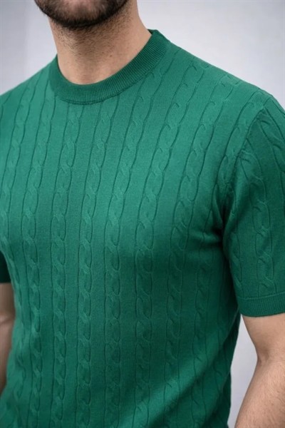 Erkek Yazlık Triko Dokuma Tişört Kısa Kol Bisiklet Yaka Örgü Desenli T-Shirt - Haki