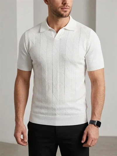 Erkek Yazlık Triko Dokuma Tişört Kısa Kol Polo Yaka T-Shirt - Beyaz