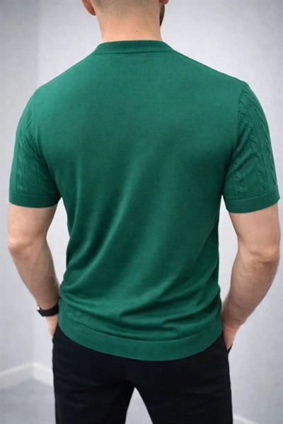 Erkek Yazlık Triko Dokuma Tişört Kısa Kol Bisiklet Yaka Örgü Desenli T-Shirt - Haki