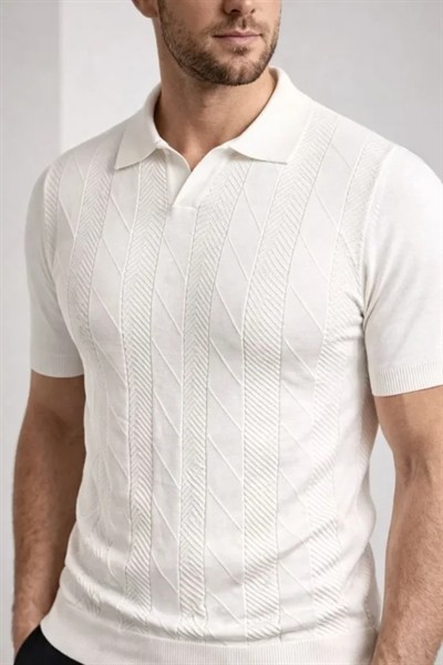 Erkek Yazlık Triko Dokuma Tişört Kısa Kol Polo Yaka T-Shirt - Beyaz