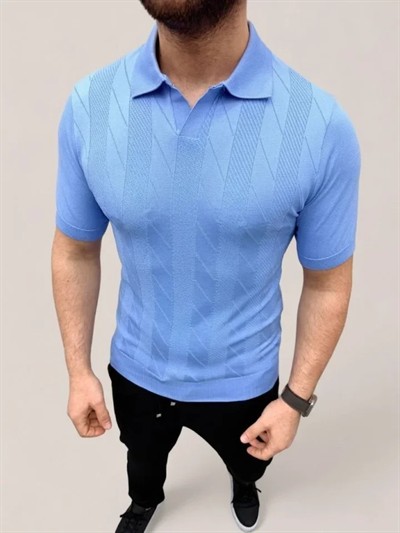 Erkek Yazlık Triko Dokuma Tişört Kısa Kol Polo Yaka T-Shirt - Bebek Mavisi