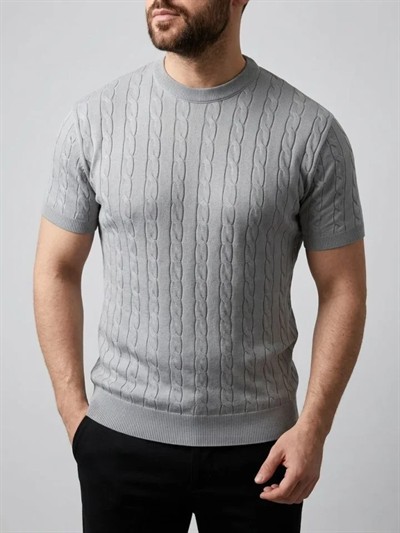 Erkek Yazlık Triko Dokuma Tişört Kısa Kol Bisiklet Yaka Örgü Desenli T-Shirt - Gri