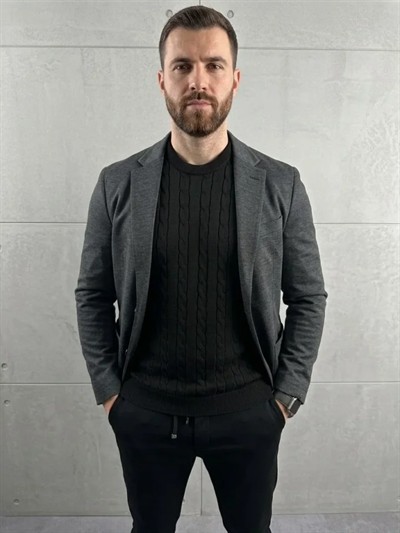 Erkek Yazlık Triko Dokuma Tişört Kısa Kol Bisiklet Yaka Örgü Desenli T-Shirt - Siyah