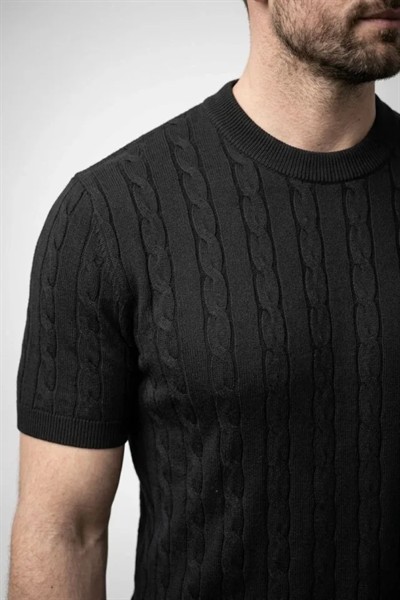 Erkek Yazlık Triko Dokuma Tişört Kısa Kol Bisiklet Yaka Örgü Desenli T-Shirt - Siyah