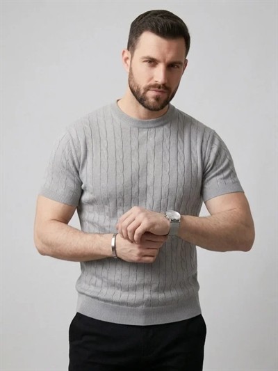 Erkek Yazlık Triko Dokuma Tişört Kısa Kol Bisiklet Yaka Örgü Desenli T-Shirt - Gri