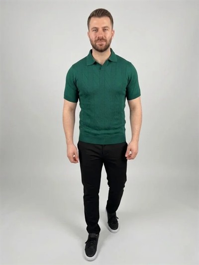 Erkek Yazlık Triko Dokuma Tişört Kısa Kol Polo Yaka T-Shirt - Koyu Yeşil