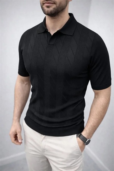 Erkek Yazlık Triko Dokuma Tişört Kısa Kol Polo Yaka T-Shirt - Siyah
