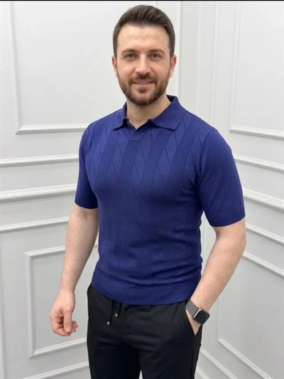 Erkek Yazlık Triko Dokuma Tişört Kısa Kol Polo Yaka T-Shirt - Lacivert