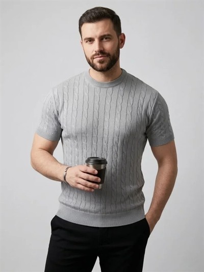 Erkek Yazlık Triko Dokuma Tişört Kısa Kol Bisiklet Yaka Örgü Desenli T-Shirt - Gri