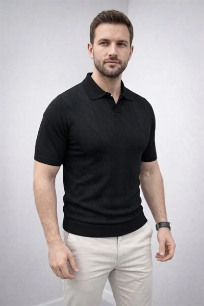 Erkek Yazlık Triko Dokuma Tişört Kısa Kol Polo Yaka T-Shirt - Siyah
