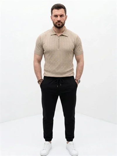Erkek Yazlık Triko Saç Örgü Tişört Kısa Kol Polo Yaka Fermuarlı T-Shirt - Bej