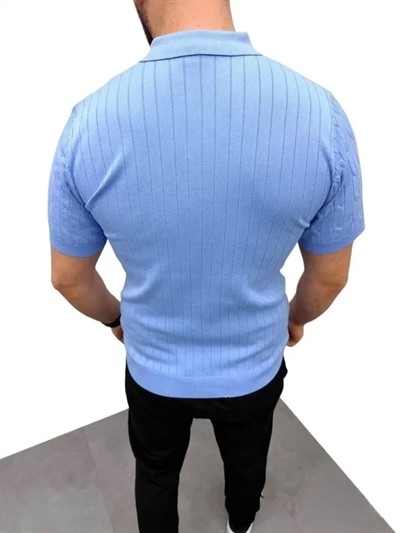 Erkek Yazlık Triko Saç Örgü Tişört Kısa Kol Polo Yaka Fermuarlı T-Shirt - Bebe Mavisi
