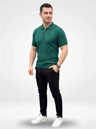 Erkek Yazlık Triko Saç Örgü Tişört Kısa Kol Polo Yaka Fermuarlı T-Shirt - Haki
