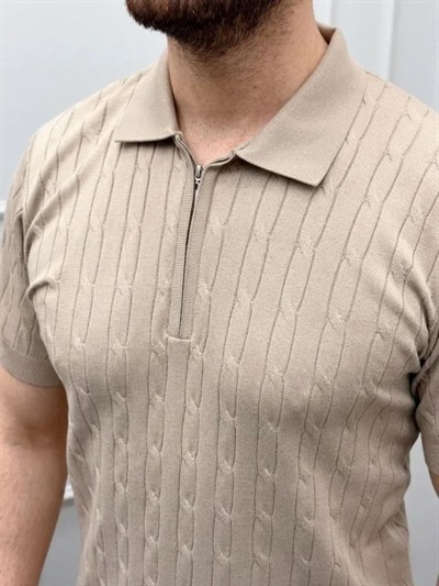 Erkek Yazlık Triko Saç Örgü Tişört Kısa Kol Polo Yaka Fermuarlı T-Shirt - Bej