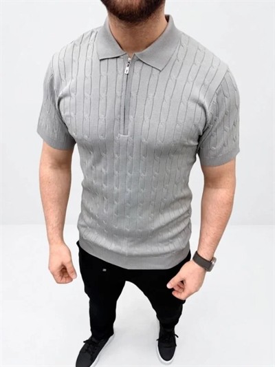 Erkek Yazlık Triko Saç Örgü Tişört Kısa Kol Polo Yaka Fermuarlı T-Shirt - Gri
