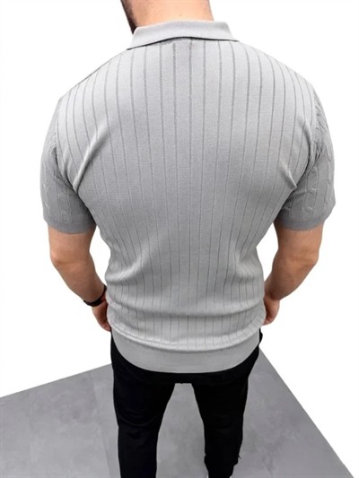 Erkek Yazlık Triko Saç Örgü Tişört Kısa Kol Polo Yaka Fermuarlı T-Shirt - Gri