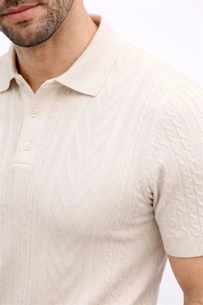 Erkek Yazlık Triko Tişört Kısa Kol Polo Yaka Düğmeli T-Shirt - Krem