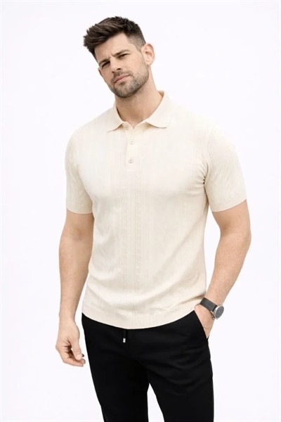 Erkek Yazlık Triko Tişört Kısa Kol Polo Yaka Düğmeli T-Shirt - Krem