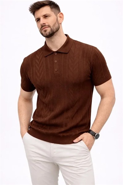 Erkek Yazlık Triko Tişört Kısa Kol Polo Yaka Düğmeli T-Shirt - Kahverengi