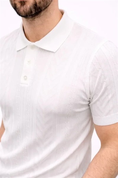 Erkek Yazlık Triko Tişört Kısa Kol Polo Yaka Düğmeli T-Shirt - Beyaz