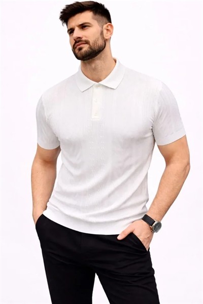 Erkek Yazlık Triko Tişört Kısa Kol Polo Yaka Düğmeli T-Shirt - Beyaz