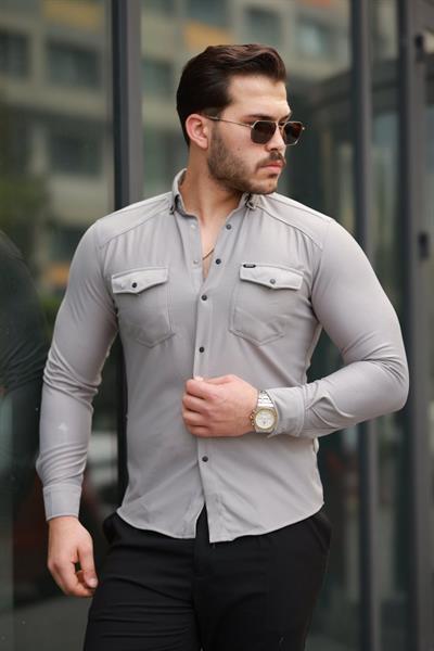 Erkek çift Cepli çıtçıt Düğmeli Uzun Kollu Gömlek