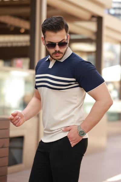 Erkek çizgi Desenli Yakalı Kısa Kollu T-shirt