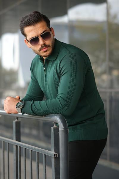 Erkek örgü Desen Fermuar Yaka Uzun Kollu Triko