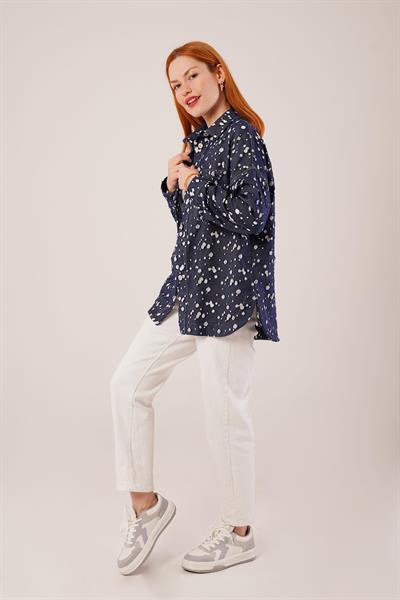 Eskitme Görünümlü Denim Mavi Gömlek