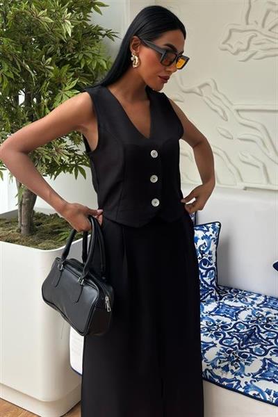 Etek Yırtmaçlı Yelekli Keten Takım 10131