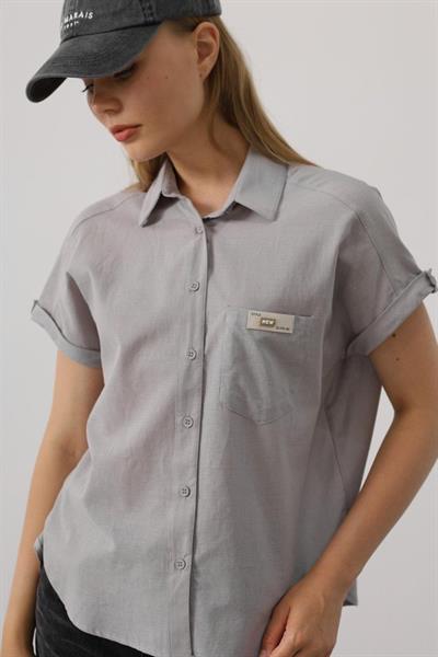 Etiket Detaylı Yarım Kol Gömlek - Gri