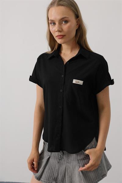 Etiket Detaylı Yarım Kol Gömlek - Siyah