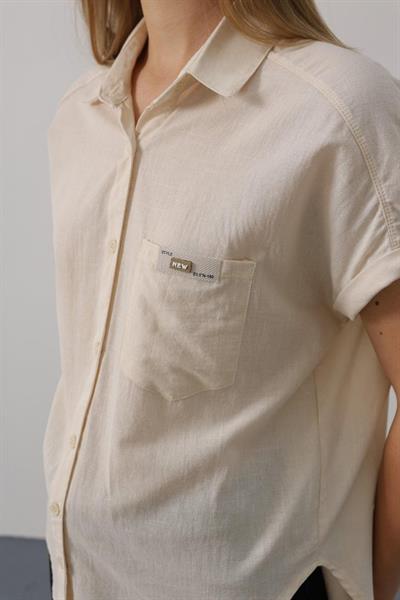 Etiket Detaylı Yarım Kol Gömlek - Taş