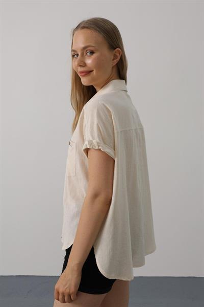 Etiket Detaylı Yarım Kol Gömlek - Taş