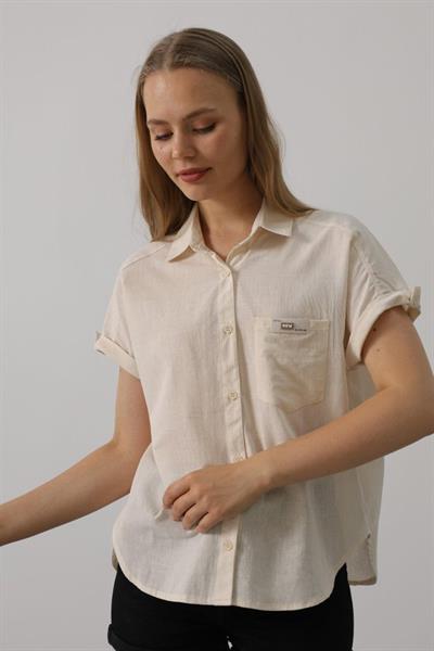 Etiket Detaylı Yarım Kol Gömlek - Taş